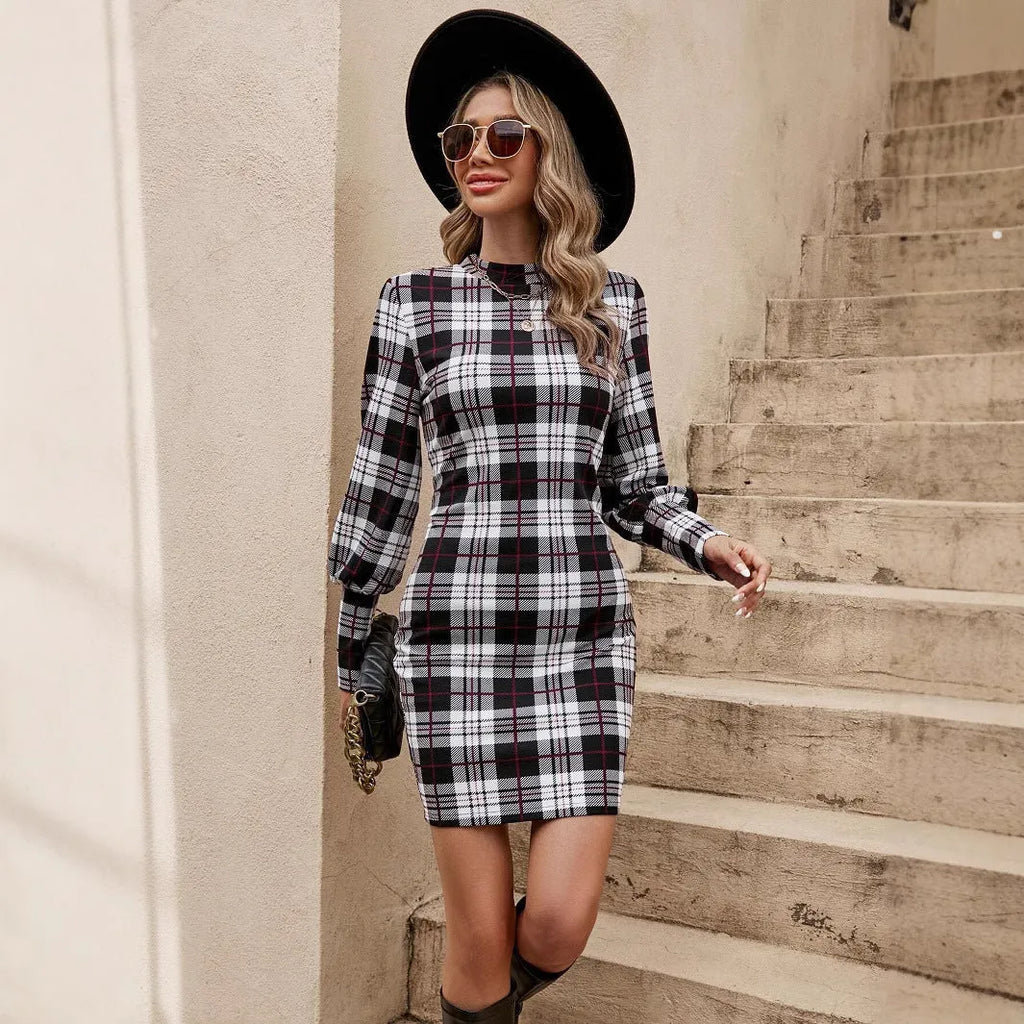 Black lantern sleeve tight dress with printed pattern and leather stitching detail, mid-length design with mid waist