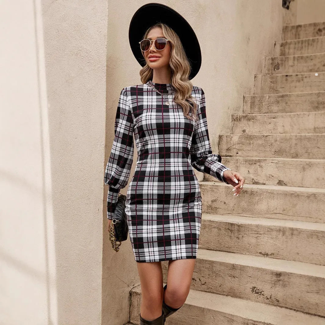 Black lantern sleeve tight dress with printed pattern and leather stitching detail, mid-length design with mid waist