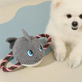 Grey turtle shaped plush dog toy with knotted rope tail and squeaker