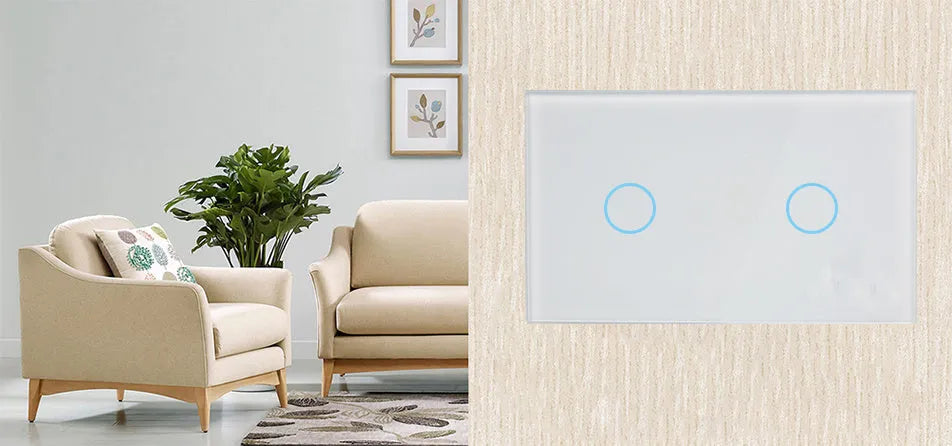 2-gang RF remote control wall touch switch with tempered glass panel in white finish