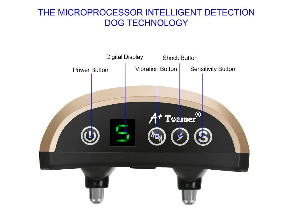 Digital dog training collar with adjustable strap showing display screen, in black, gold, or silver.