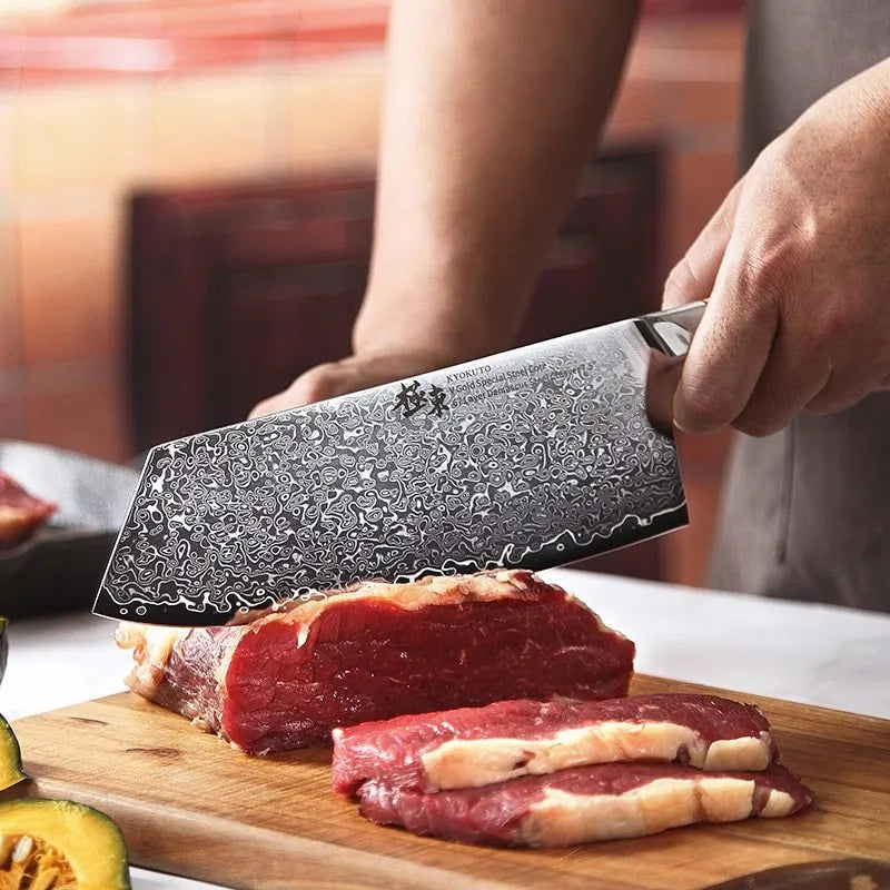 Damascus kitchen knife set with 67-layer steel blades and V gold core, 8-piece on a cutting board