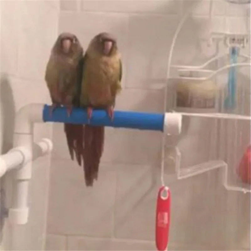 White plastic foldable parrot shower stand with three suction cups