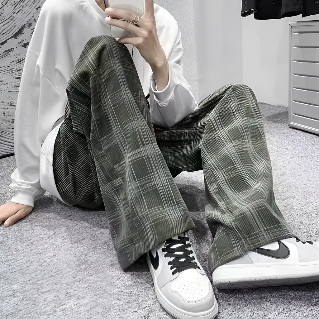 Japanese retro loose plaid trousers in black and green, mid waist, straight leg, sizes S to 3XL