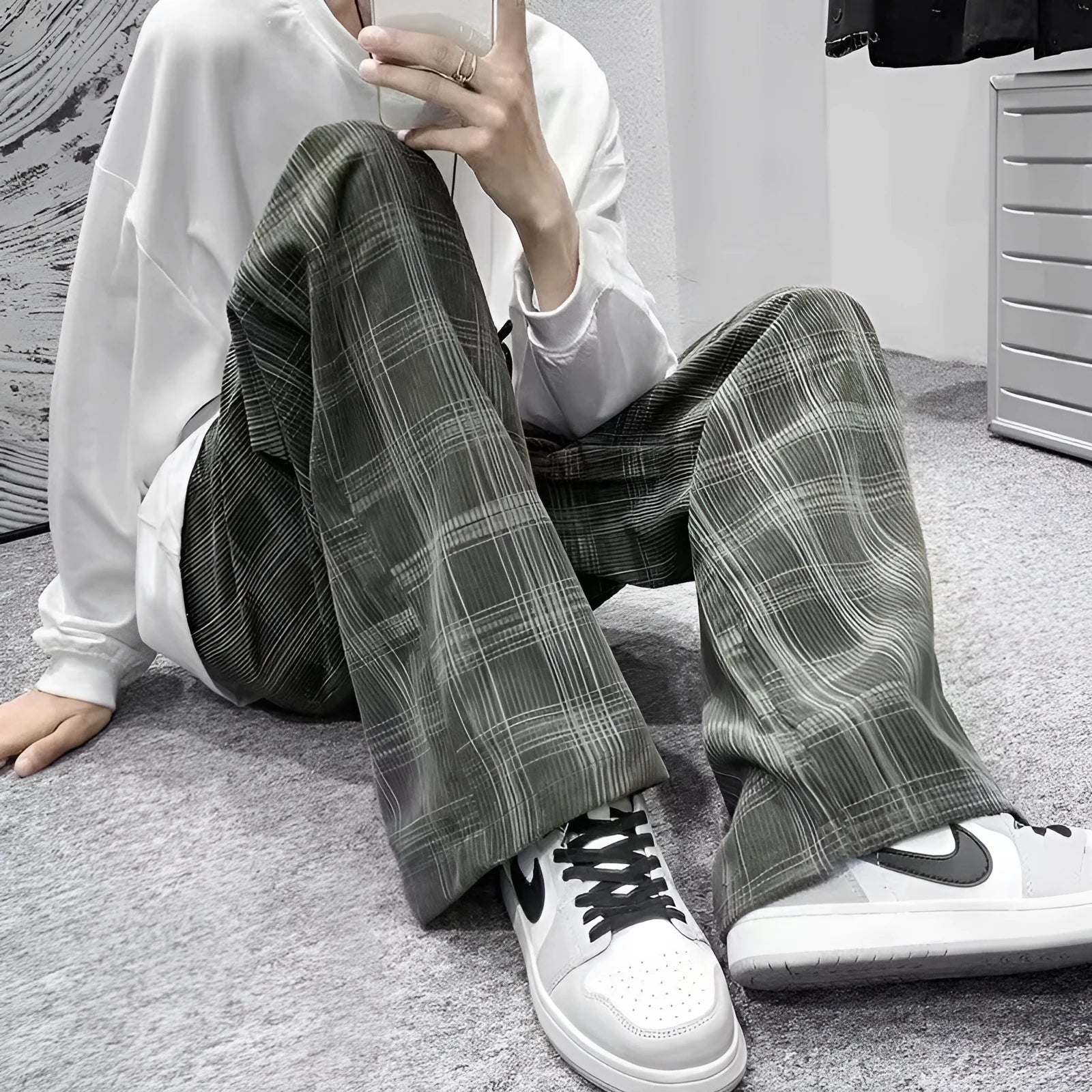 Japanese retro loose plaid trousers in black and green, mid waist, straight leg, sizes S to 3XL