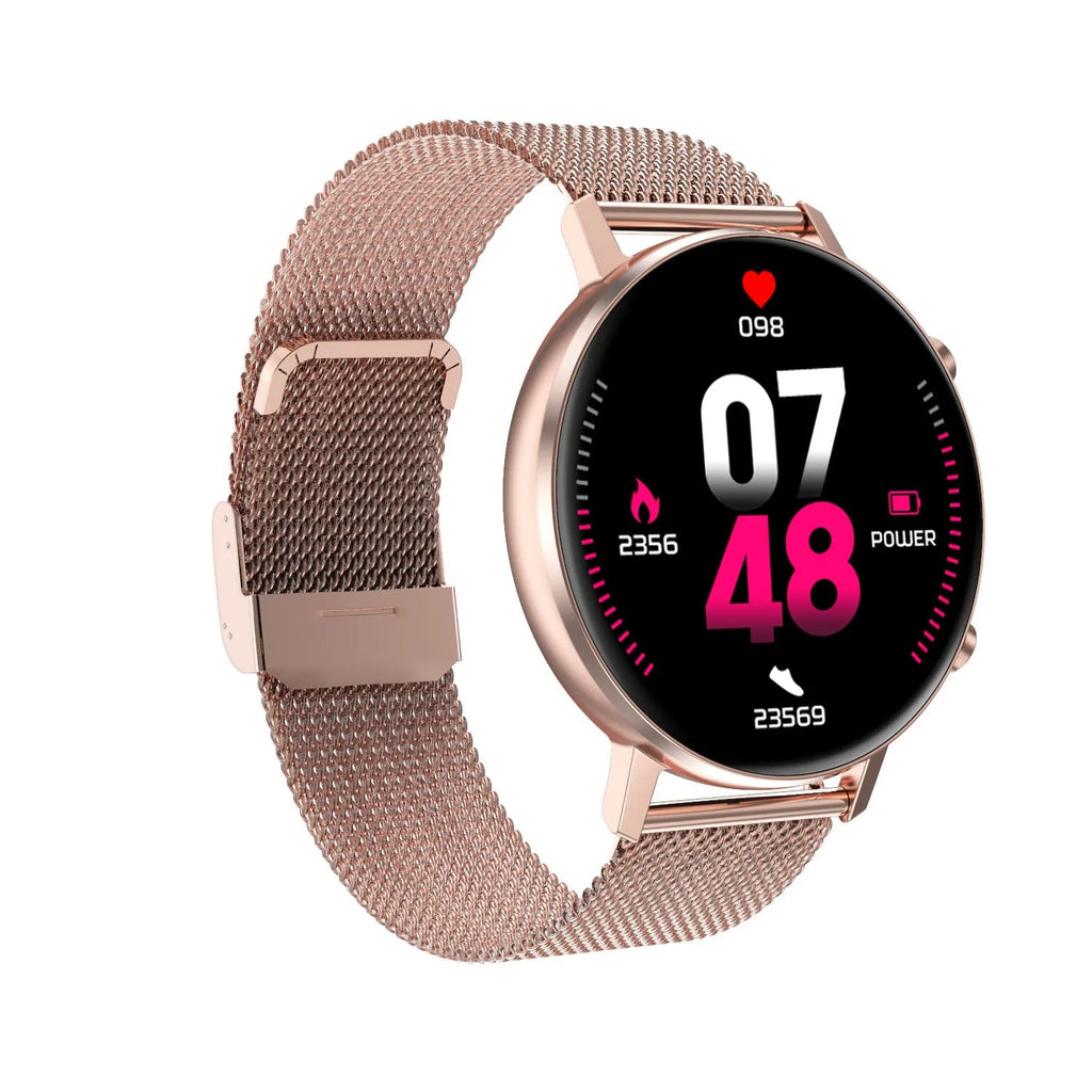 DT96 smart bracelet with steel strap and 1.3-inch display showing activity metrics