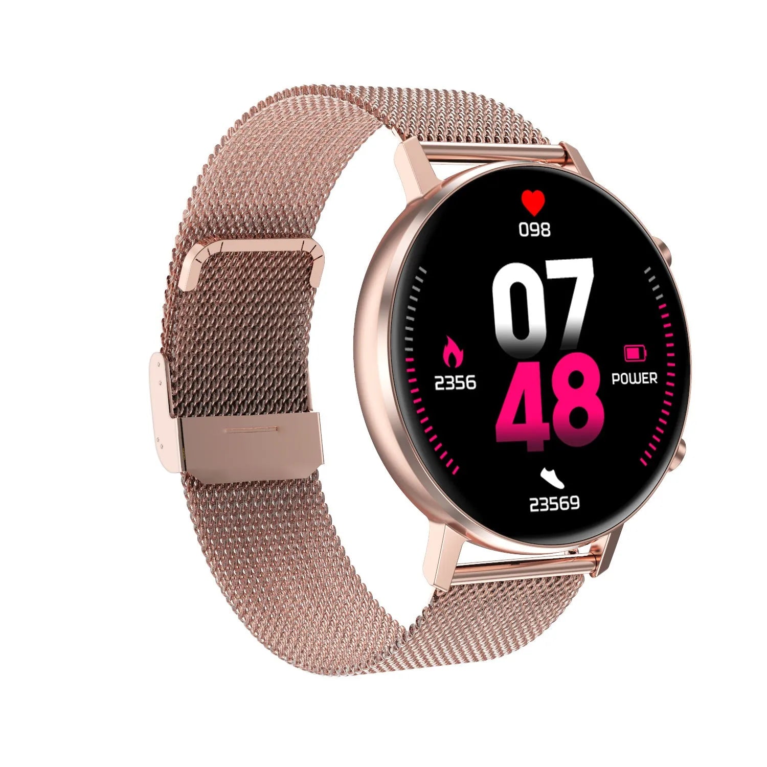 DT96 smart bracelet with steel strap and 1.3-inch display showing activity metrics