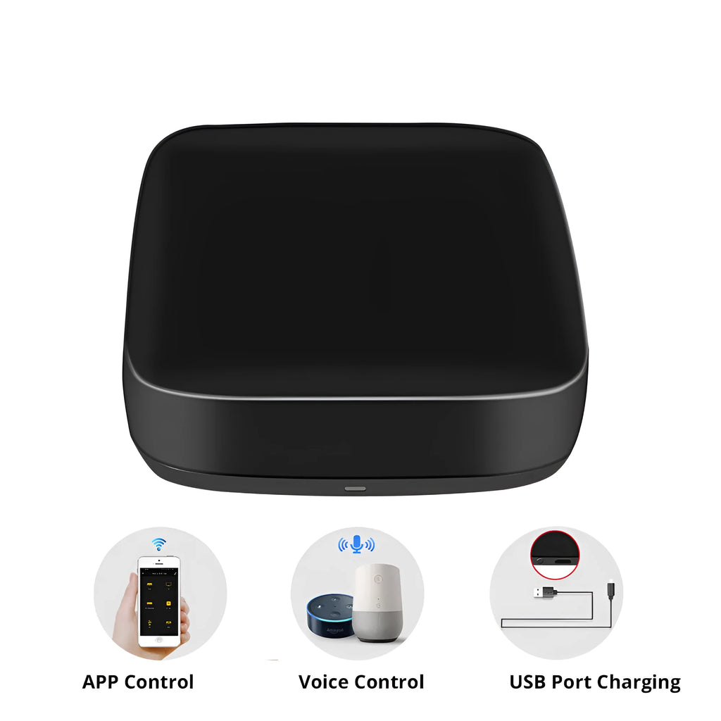 Black infrared remote control with voice control capability and environmental sensors