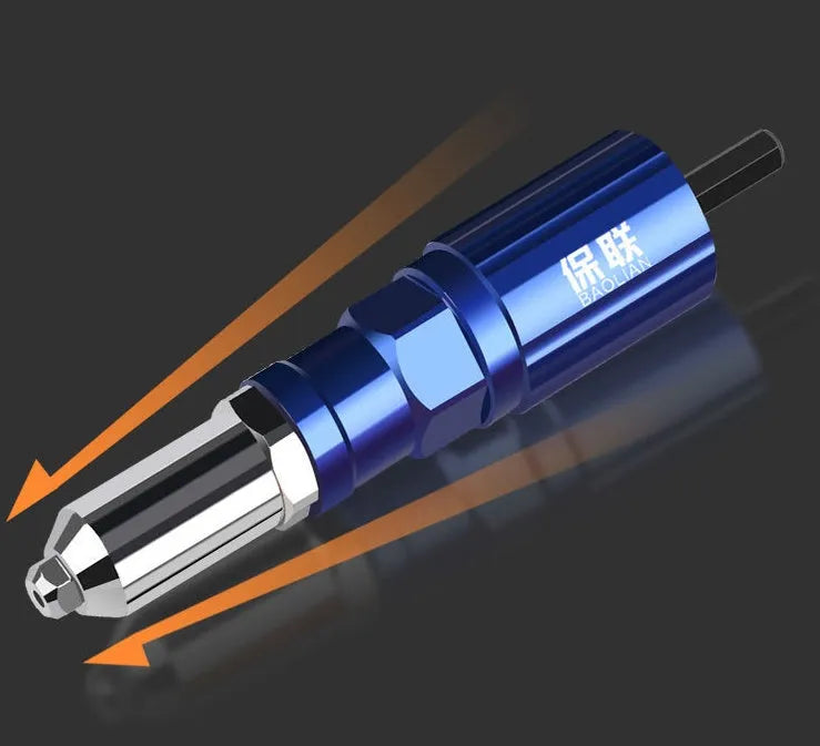 Electric rivet gun with auxiliary grip, 160mm length, carbon steel and plastic construction, blue and black colour