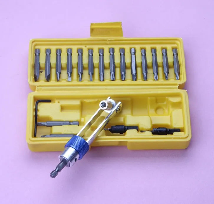 Red Half Time Drill driver attachment with swivel head and storage case full of Phillips and flathead bits.