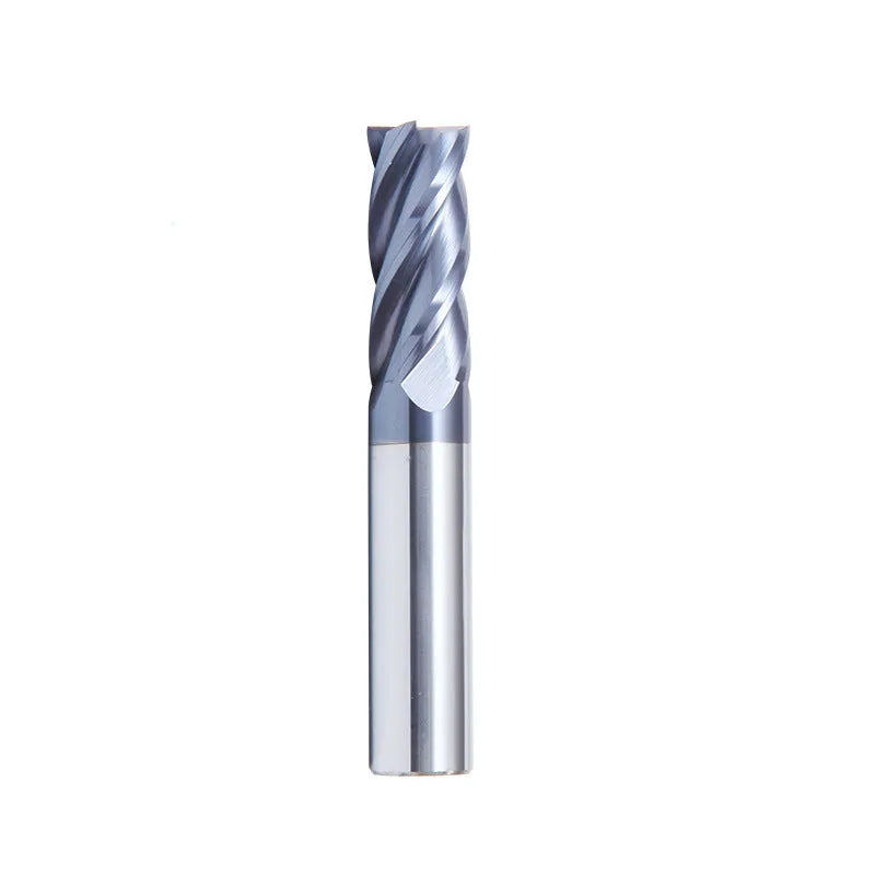 Carbide four-flute spiral milling cutter with straight shank on a white background.
