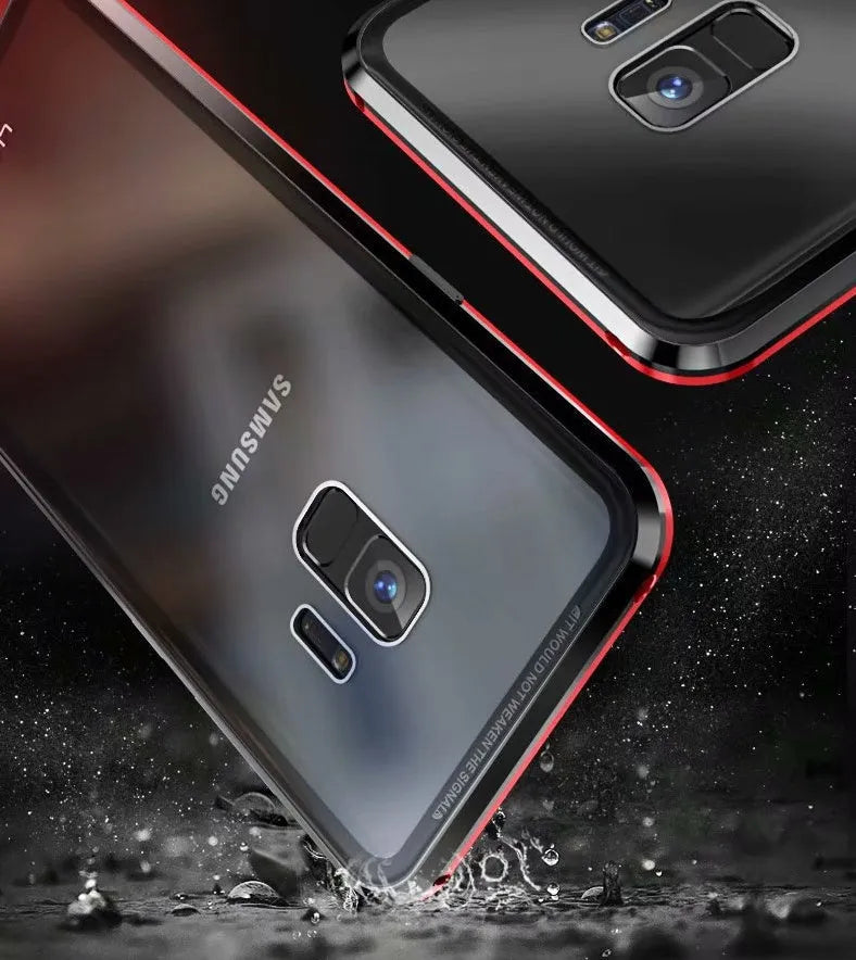 Black anti-peeping magnetic clamshell phone case for Samsung Galaxy S21 Ultra shown open and closed.