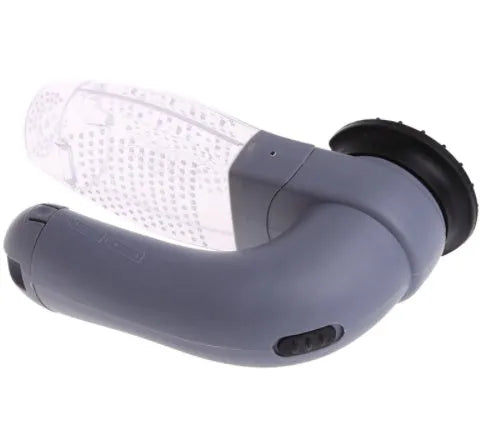 Grey portable electric pet hair remover brush with soft rubber head for grooming dogs and cats.