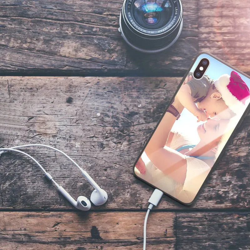 Custom patterned thin iPhone case with a raised edge around the screen and camera on an iPhone.