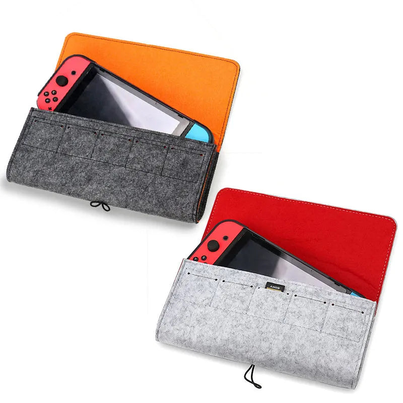 Black felt Nintendo Switch carrying pouch with game card slots and double layer storage design