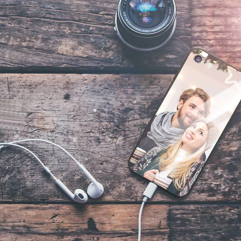 Custom patterned thin iPhone case with a raised edge around the screen and camera on an iPhone.