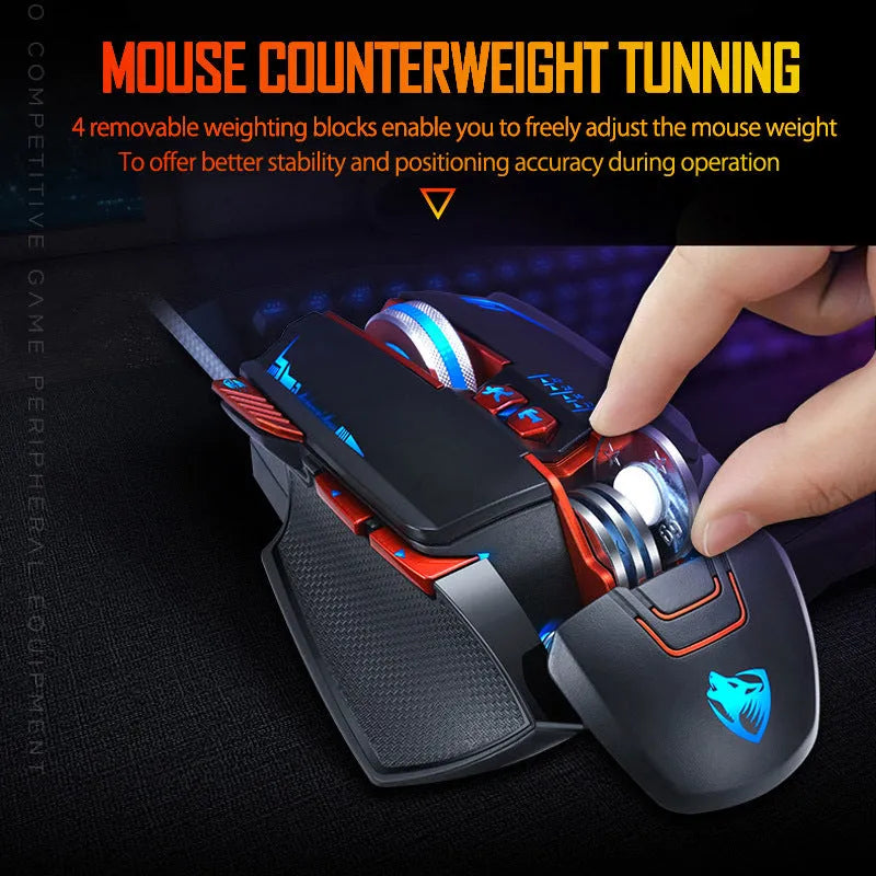 Thunder Wolf V9 black and grey wired gaming mouse on a mouse pad showing side programmable buttons
