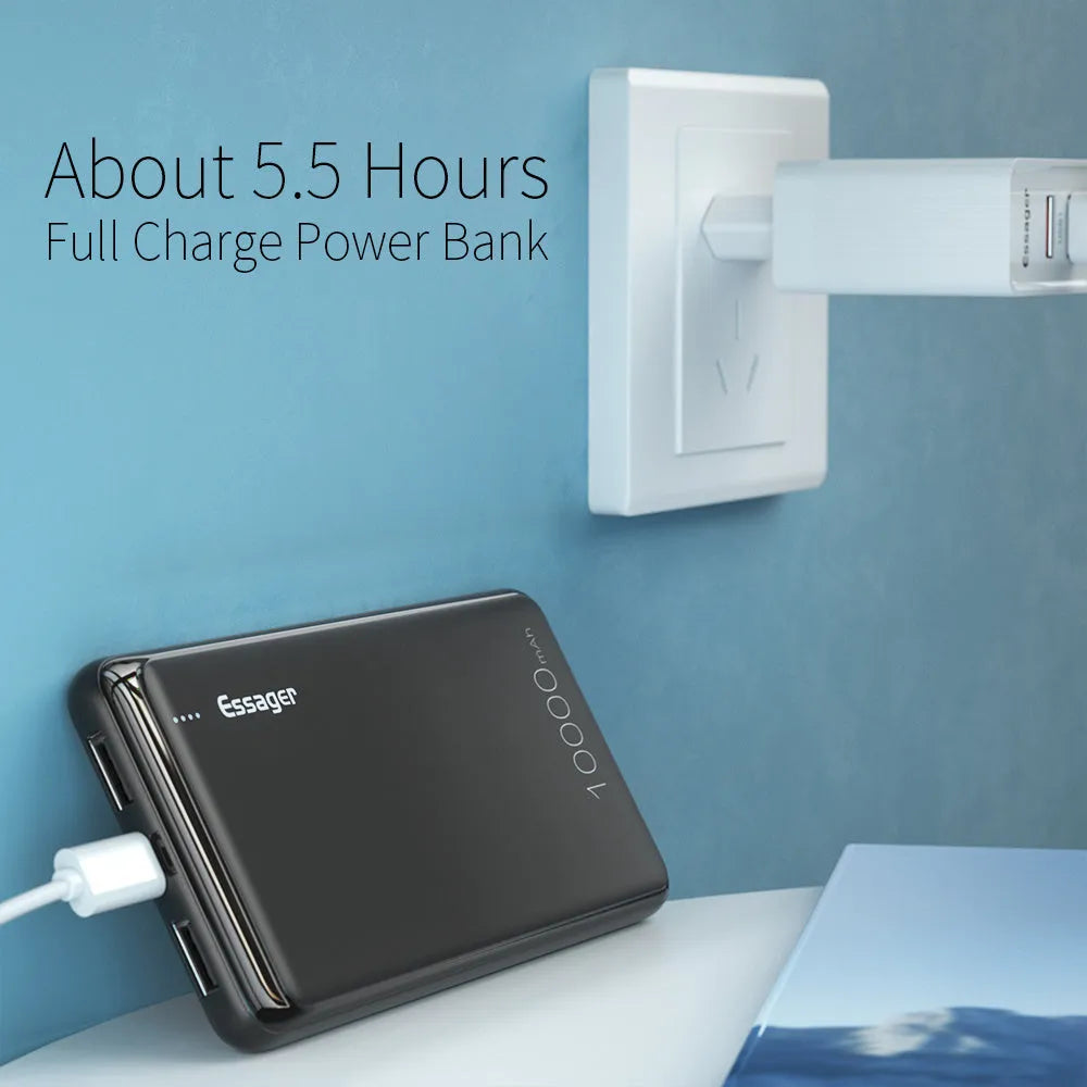 Essager Small Jane 10000mAh portable power bank in black or white with dual USB ports