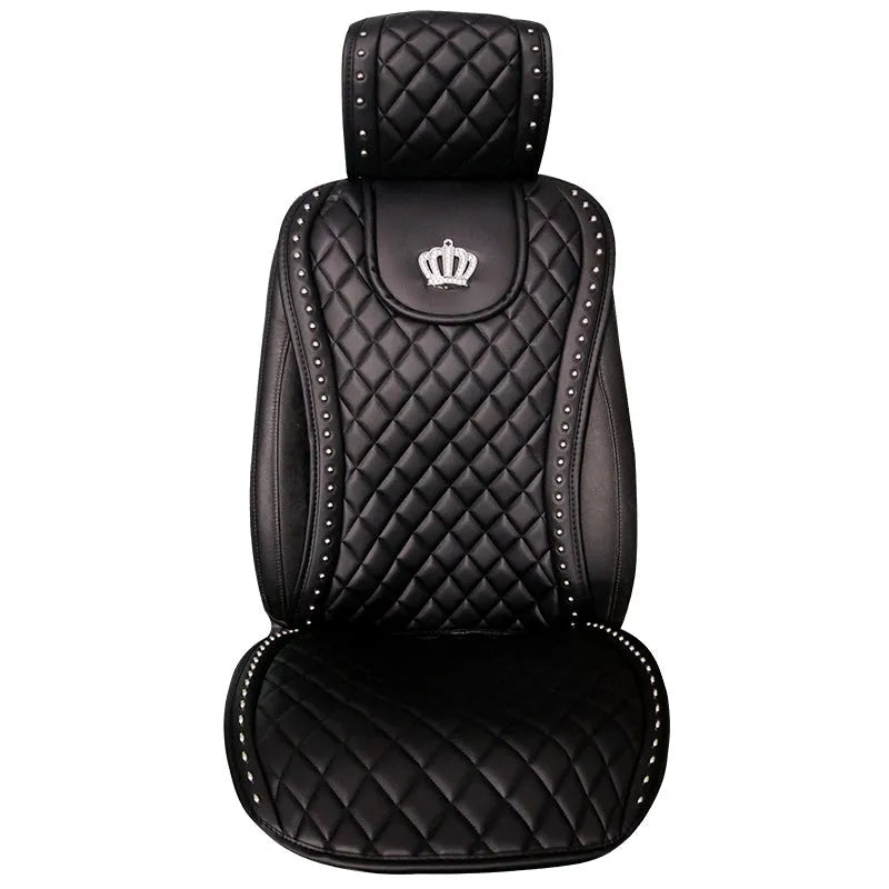 Black diamond leather car seat cushion with crown rivet rhinestone detailing from Ya Yue for five-seater automobiles