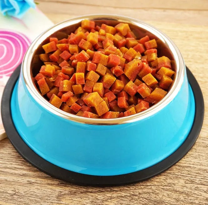 Stainless steel pet bowl inside a colourful melamine pot with a non-slip rubber ring base.