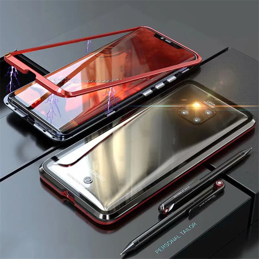 Magnetic phone case with metal frame and tempered glass back in multiple colours