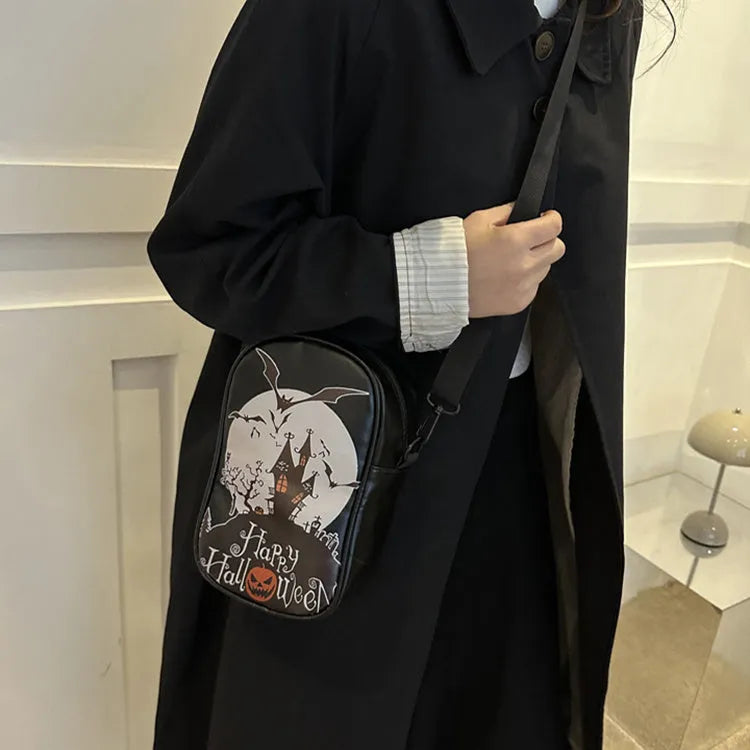 Halloween graffiti crossbody bag with pumpkin ghost bat cartoon prints in medium 14x23x9.5cm size