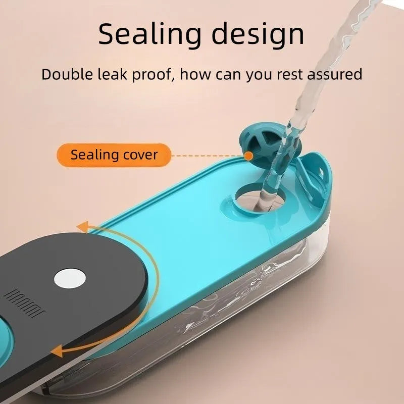 Portable blue pet water bottle with foldable silicone drinking bowl attached, shown with carabiner clip.