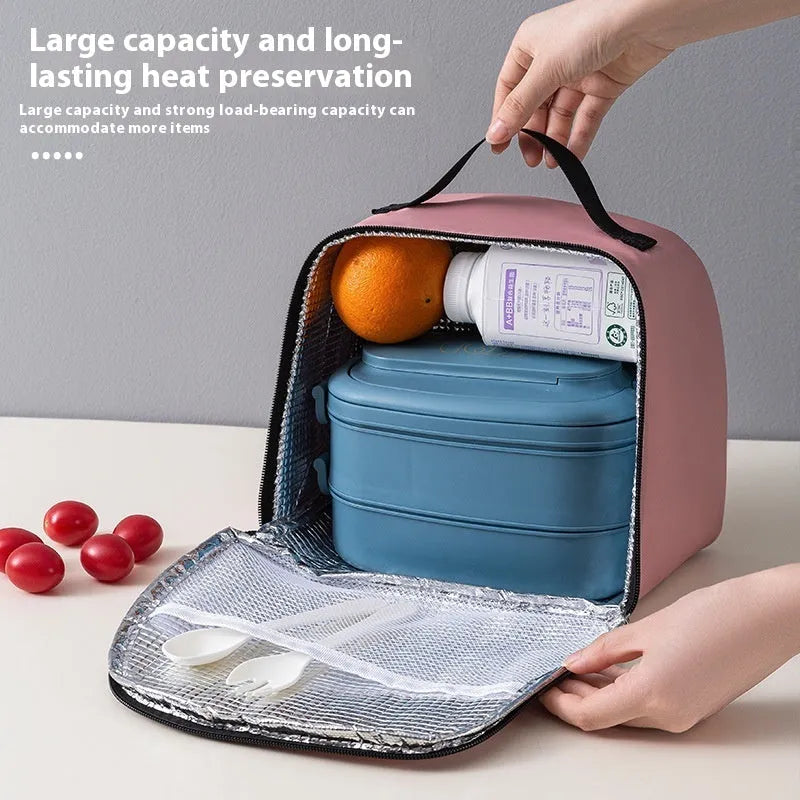 Insulated large capacity lunch box bag in textured cloth, shown in multiple colour options.