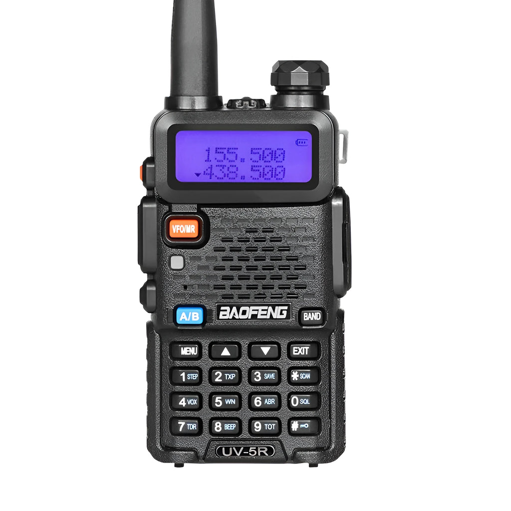 Compact black VHF/UHF walkie talkie with 128 channels and 5-10 km range