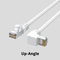 Cat6 Ethernet cable with a right-angle RJ45 metal connector in black, showing length markings.