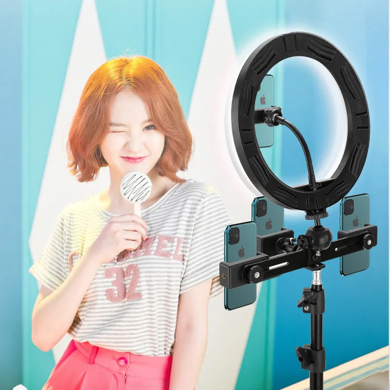 10-inch circular ring light on adjustable metal bracket for smartphone photography