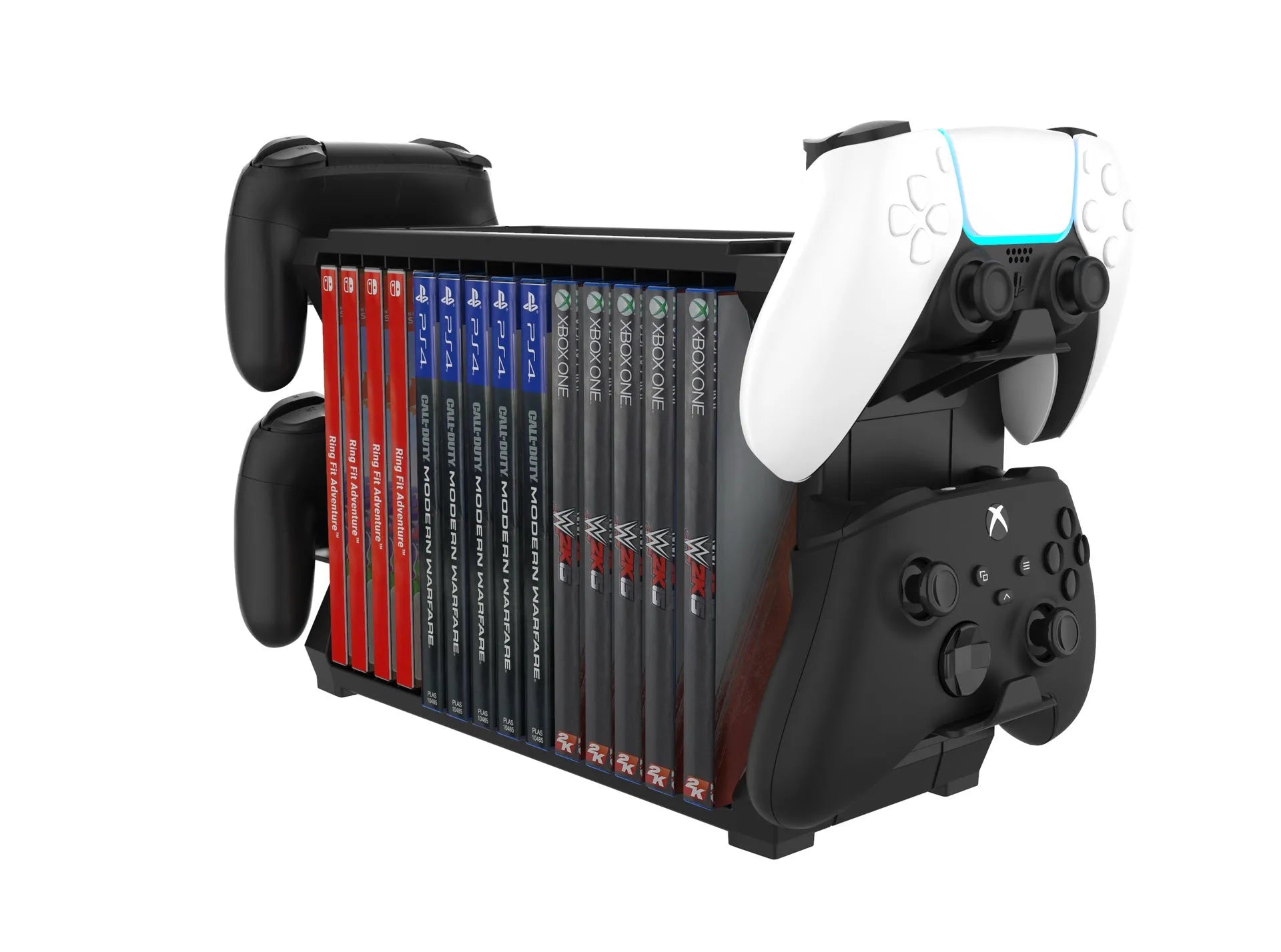 Black PS5 disc holder and console stand with game cartridge compartments and controller charging dock