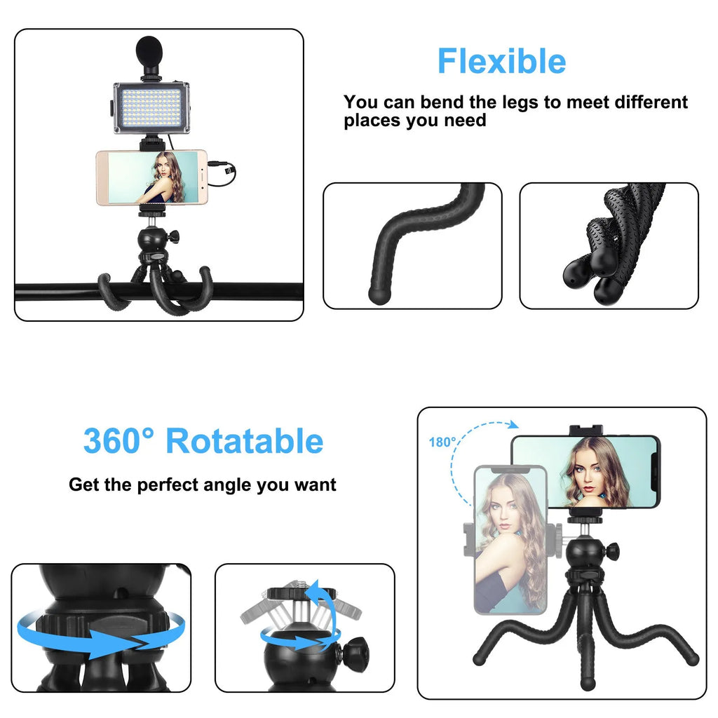 Black octopus tripod live broadcast kit with fill light and microphone for iPhone compatible content creation