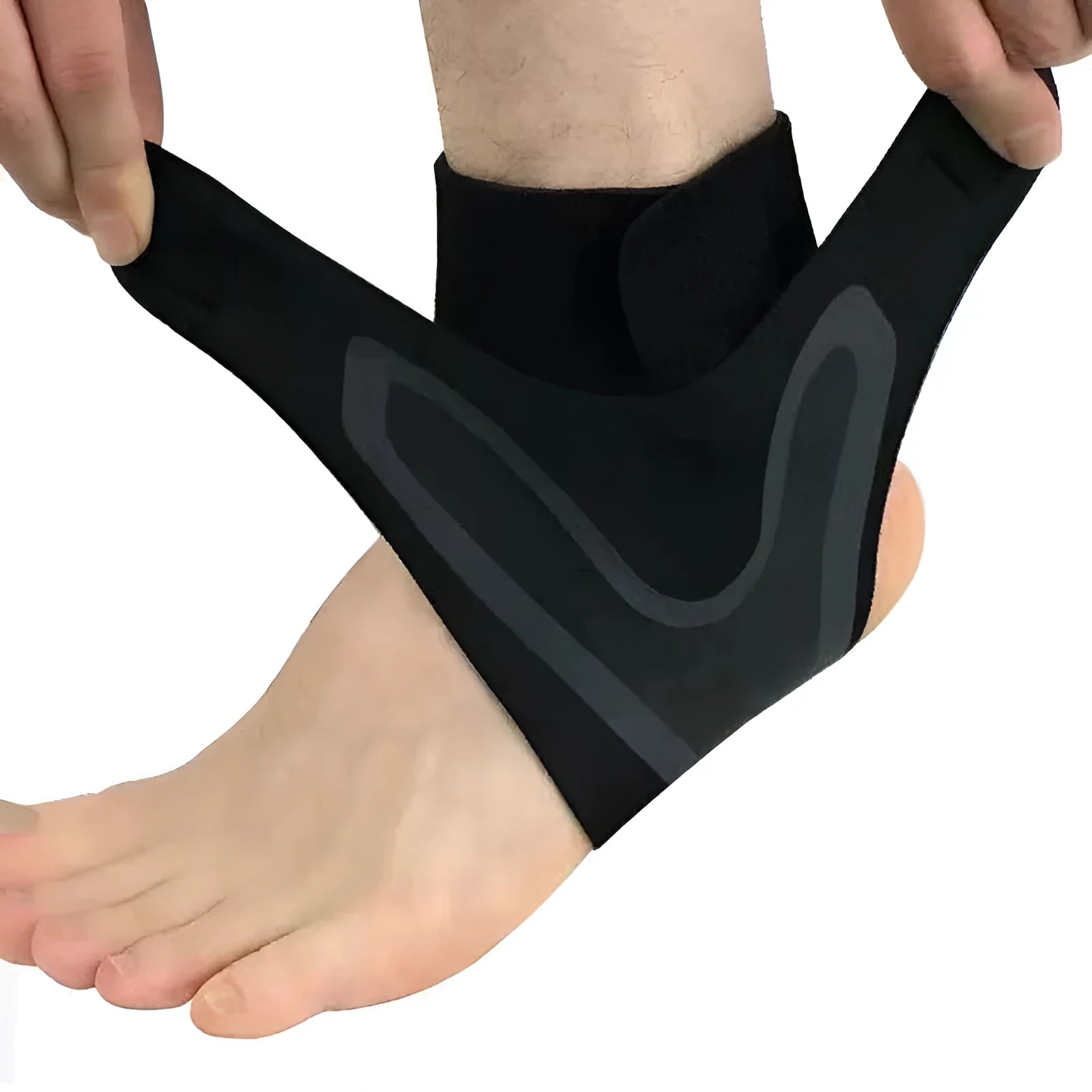 Adult ankle support brace for sports, shown in right and left foot versions with size indicators M, L, XL.