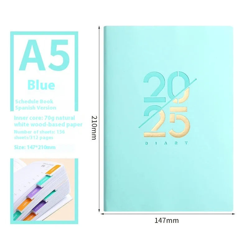 A5 2025 daily schedule book with faux leather cover in blue colour, open to show lined pages and thread binding.