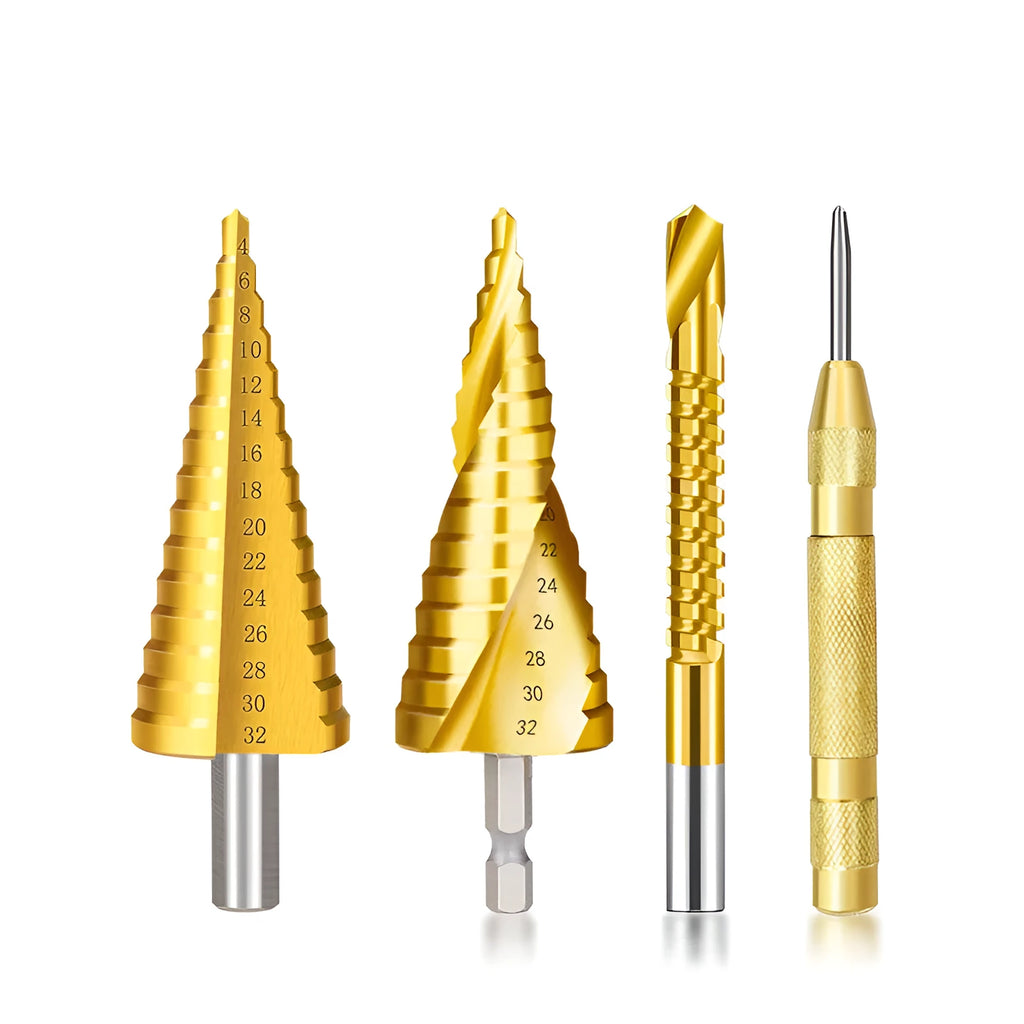 High speed steel cone step drill bit and centre punch set for metalworking.