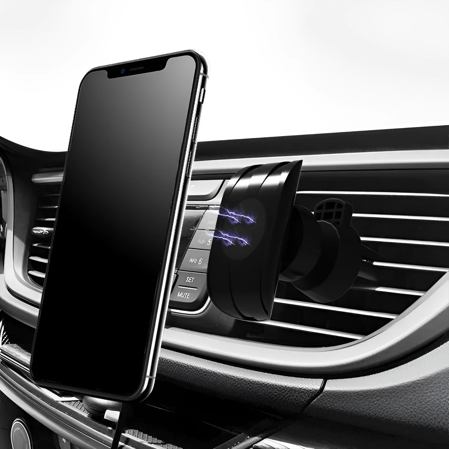 Black car air vent phone holder with magnetic smartphone attachment mounted on vehicle ventilation outlet
