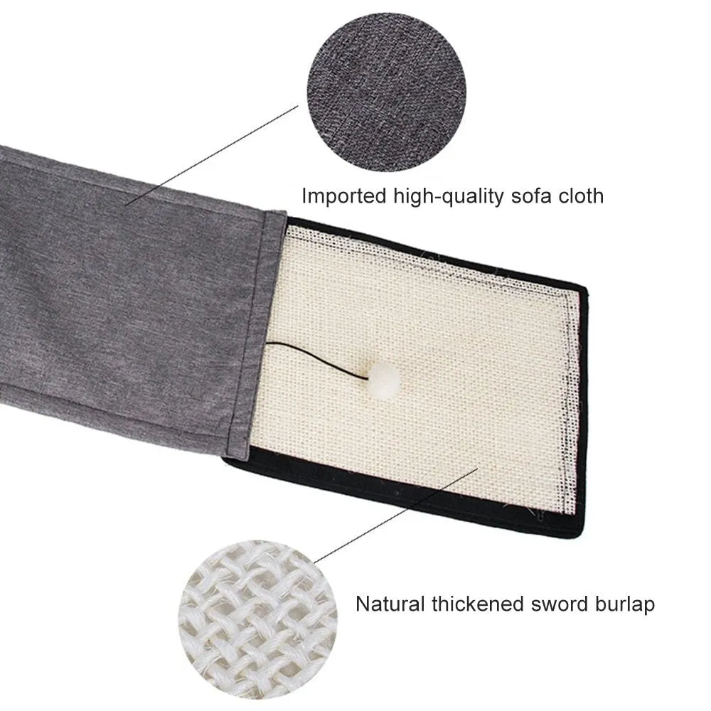Beige cat scratch board sisal pad 40x29cm on a sofa armrest for furniture protection