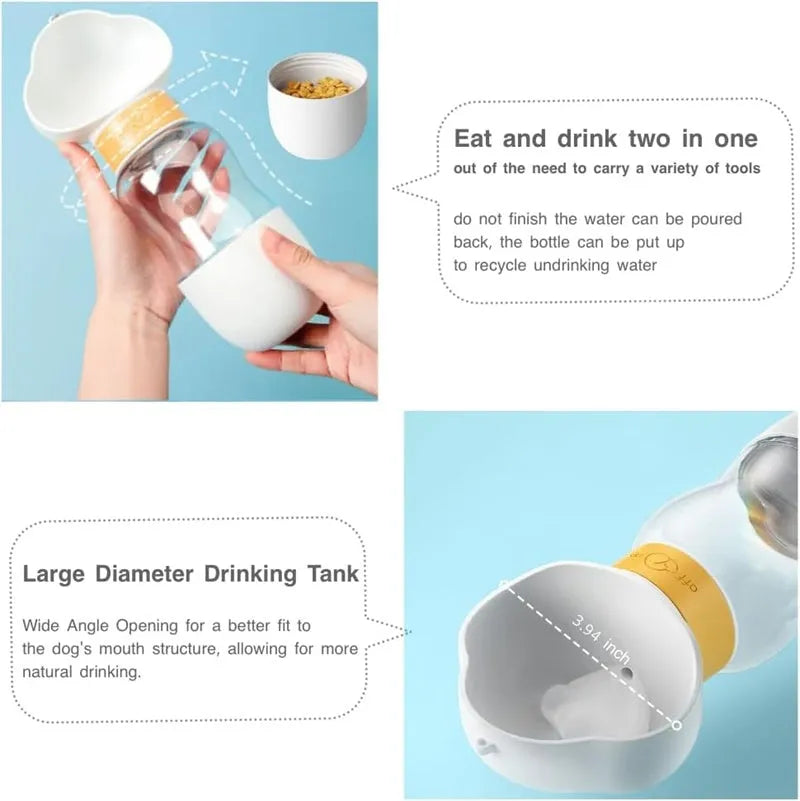 Portable dog water bottle with plastic body, rotary switch, and attached belt, showing water dispenser and bottom food container