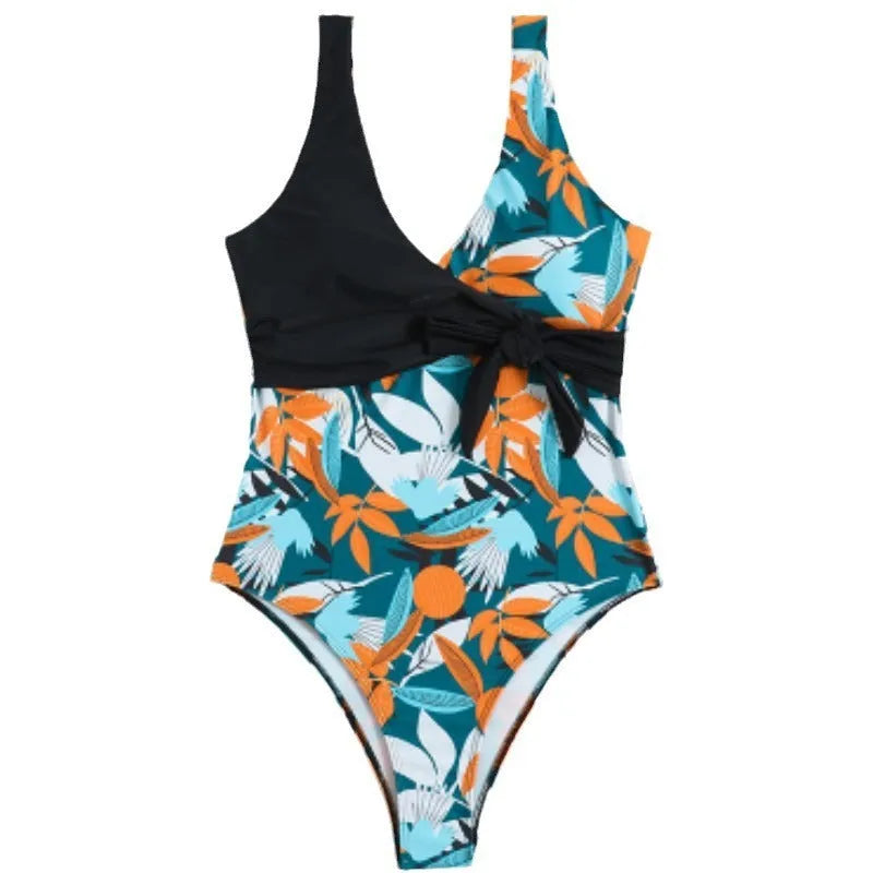 Women's high-waisted printed one-piece bikini with quick-dry lining for swimming