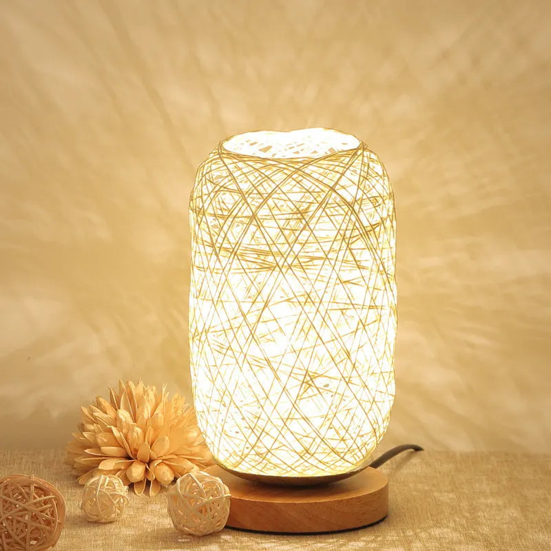 Natural hemp twine Sepak Takraw desk lamp with solid wood base in brown colour