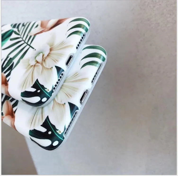 Retro soft floral TPU phone case with flower and banana leaf art for iPhone XR and XS Max
