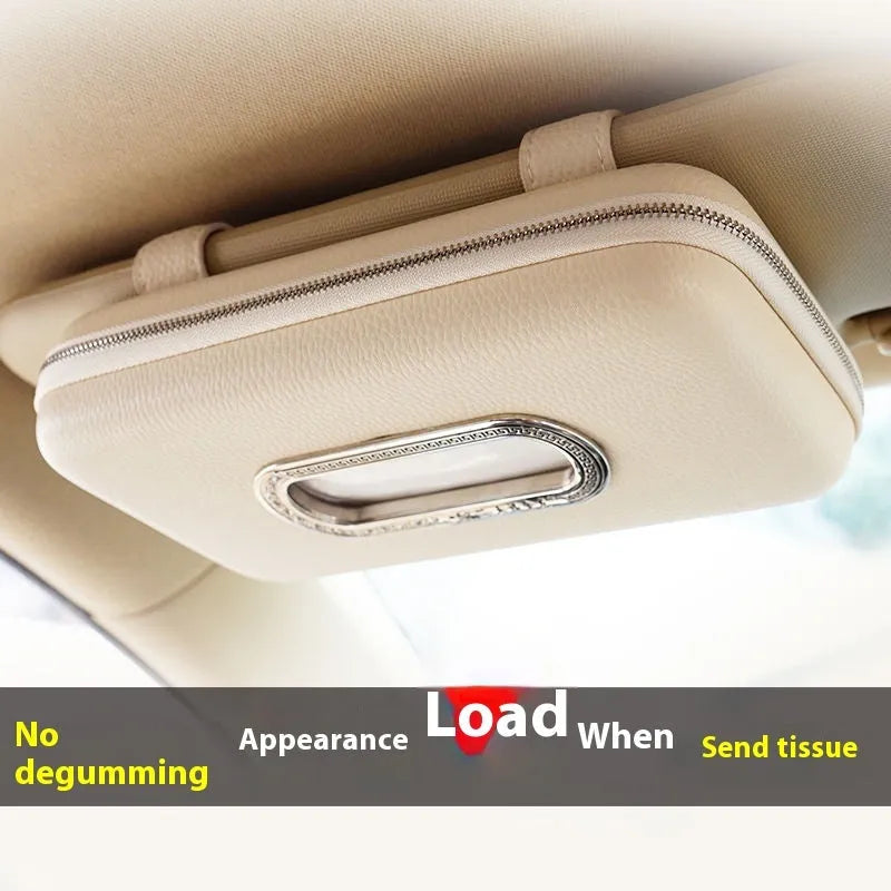 PU leather hanging car tissue box in beige diamond colour, designed for vehicle interior storage