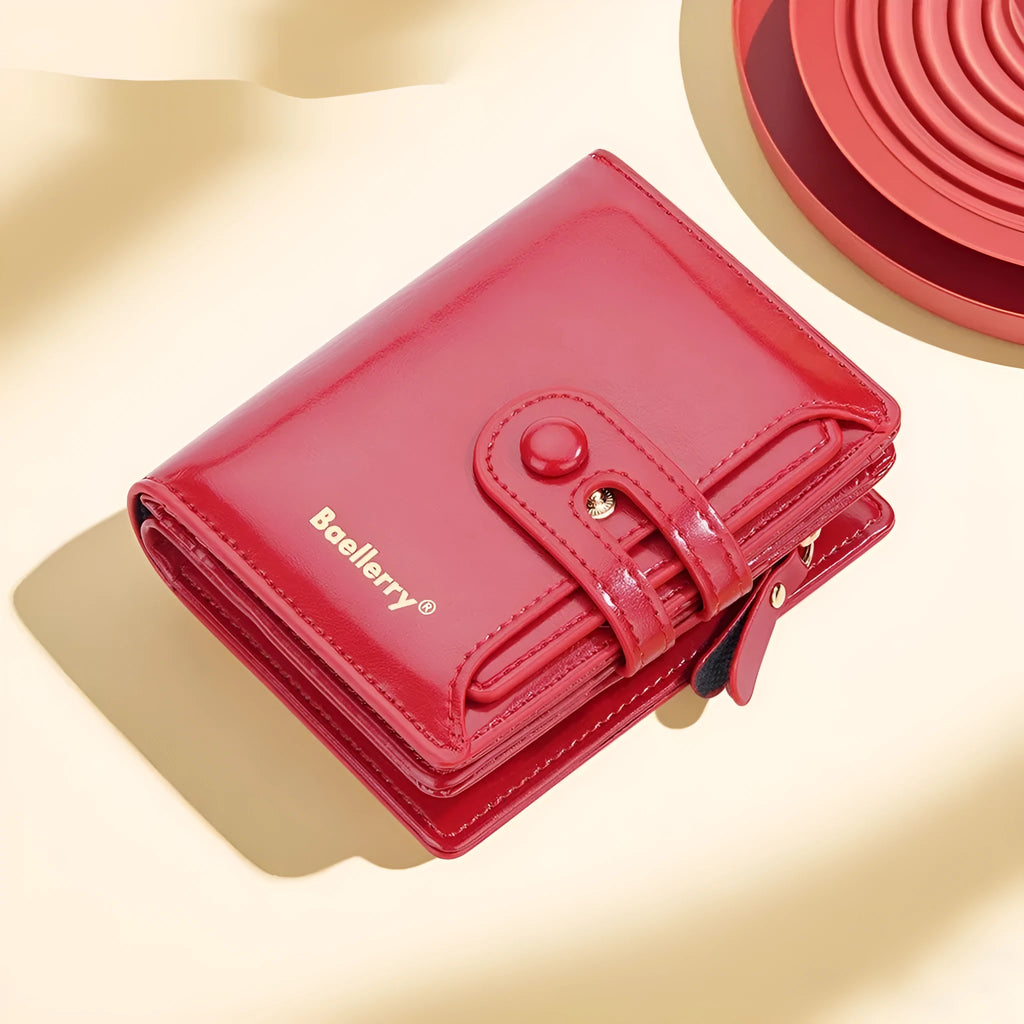 Slim black PU leather women's wallet open to show card slots and a zipped coin compartment.