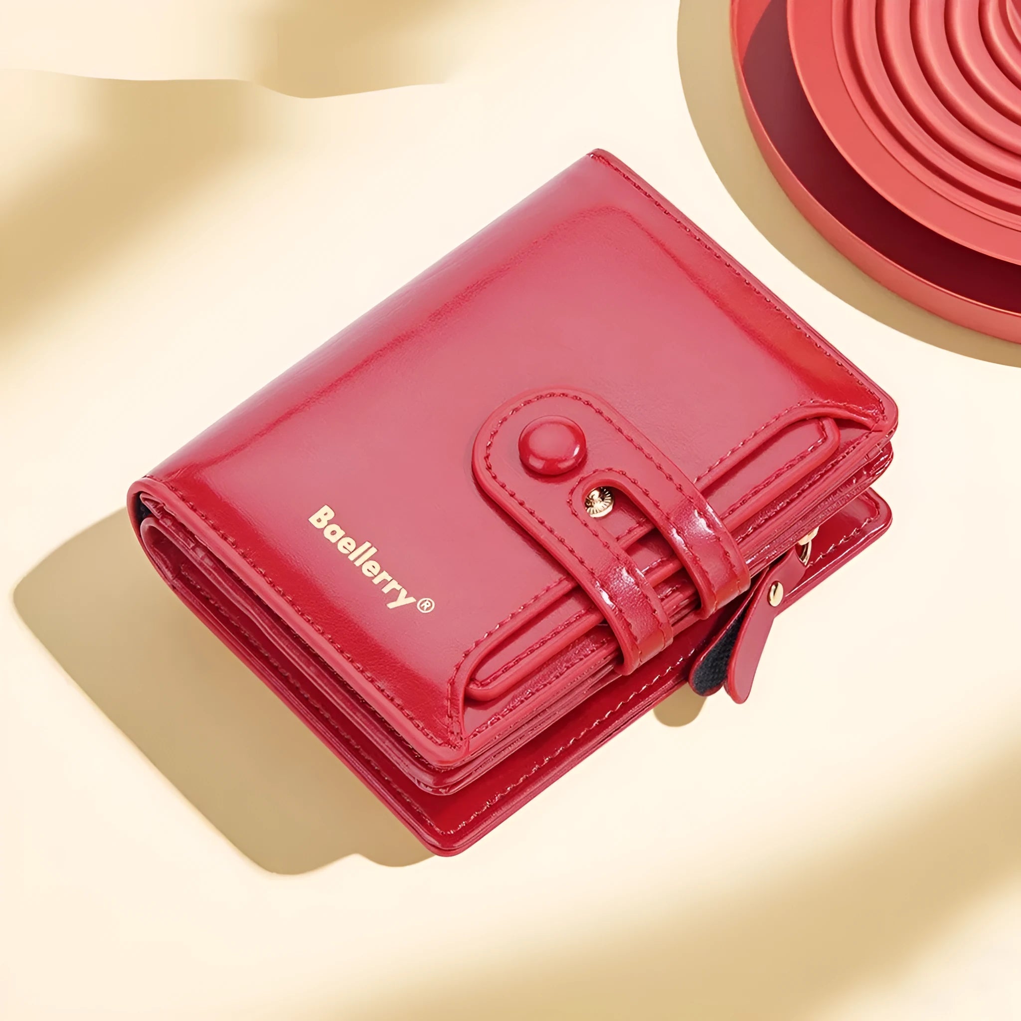 Slim black PU leather women's wallet open to show card slots and a zipped coin compartment.