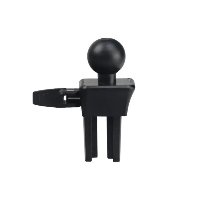 Black plastic car air vent mobile phone holder mounted on vehicle dashboard