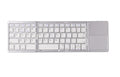 Ultra-thin tri-fold folding Bluetooth keyboard with touchpad in black, shown folded and open.