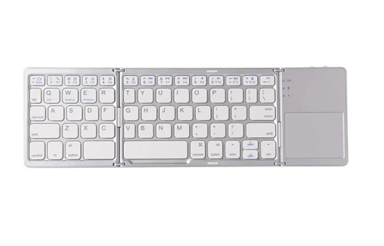 Ultra-thin tri-fold folding Bluetooth keyboard with touchpad in black, shown folded and open.