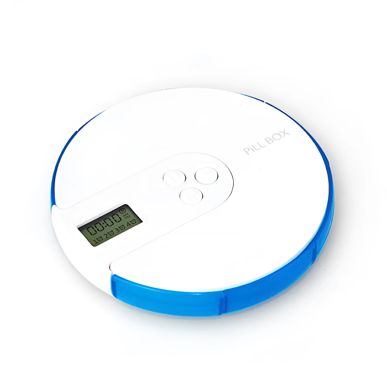 7-compartment alarm clock pill dispenser with programmable timer showing eight colour options