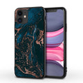 Marble pattern iPhone case with TPU and PC construction showing drop resistance and waterproof features